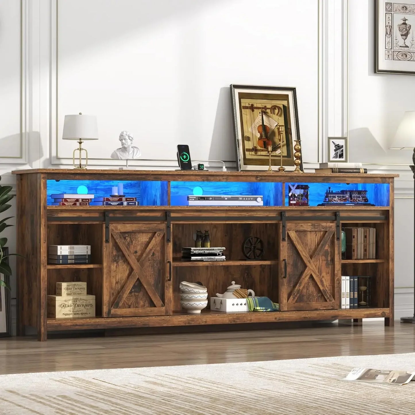 Farmhouse Stand for 90/85 Inch TVs, Rustic Entertainment Center Cabinet With Power Outlets, Brown