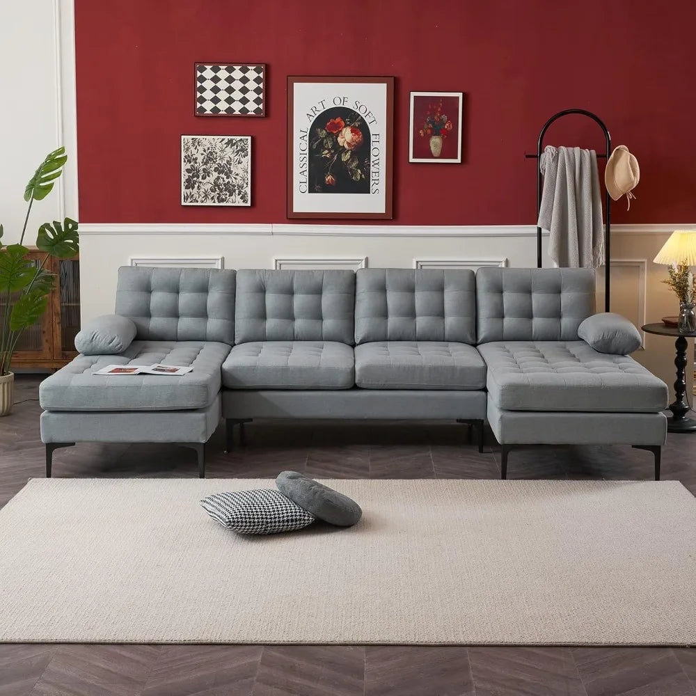 Sectional Sofa 110"U-Shape Sofa Couch Linen Fabric Upholstered Sectional Sofa with Double Chaises & Metal Legs,Lattice Decorated