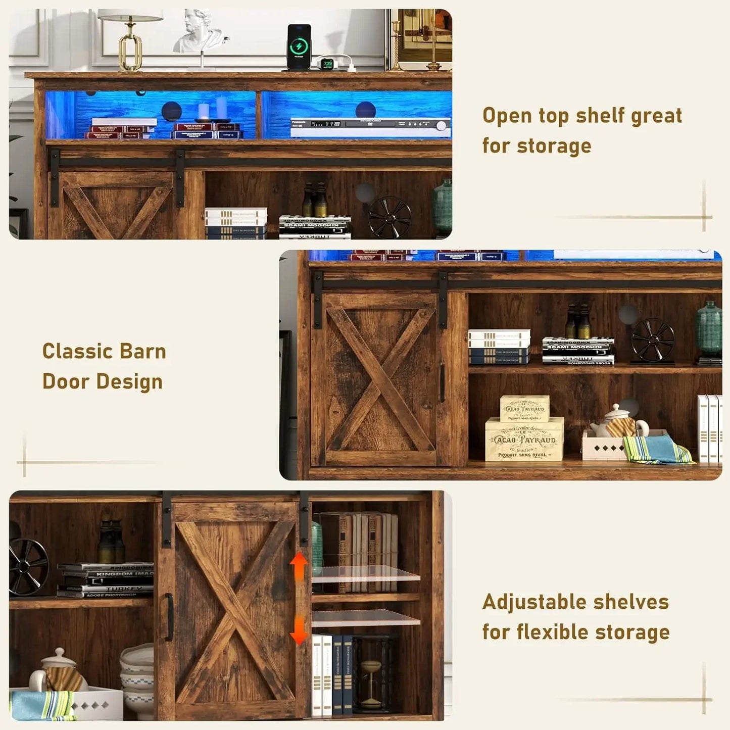Farmhouse Stand for 90/85 Inch TVs, Rustic Entertainment Center Cabinet With Power Outlets, Brown