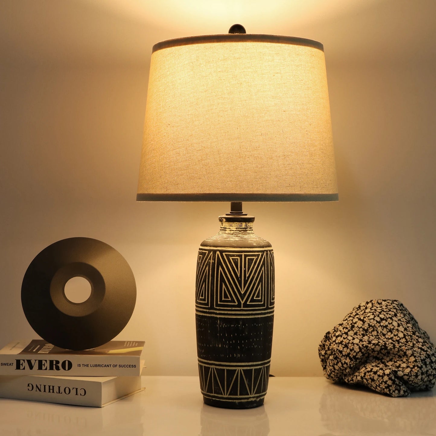 2 Pack 25-Inch Carved Geometric Ceramic Table Lamp With Linen Shade, Southwest's Rustic Accent Lamps For Living Room End Tables