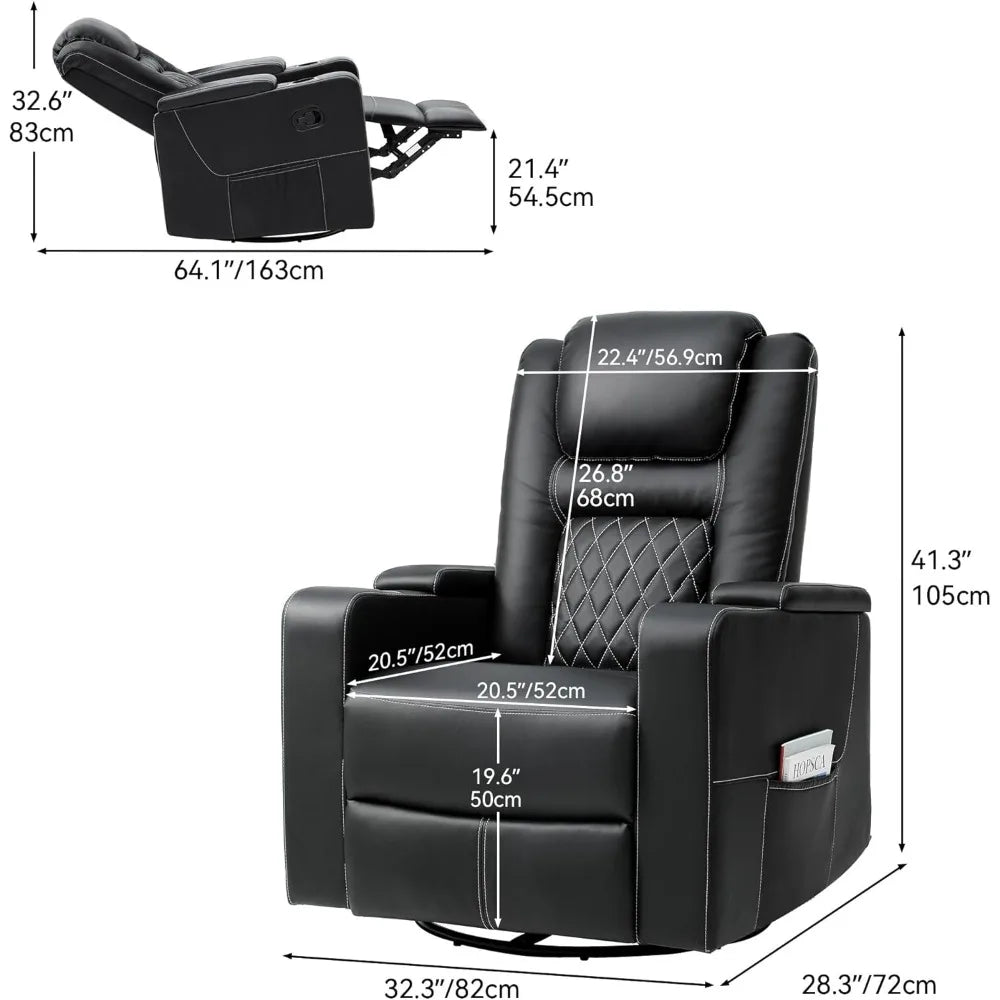 Swivel Rocking Recliner with Massage and Heat, Hidden Arm Storage, Faux Leather Rocker Recliner Chairs, Manual Recliner