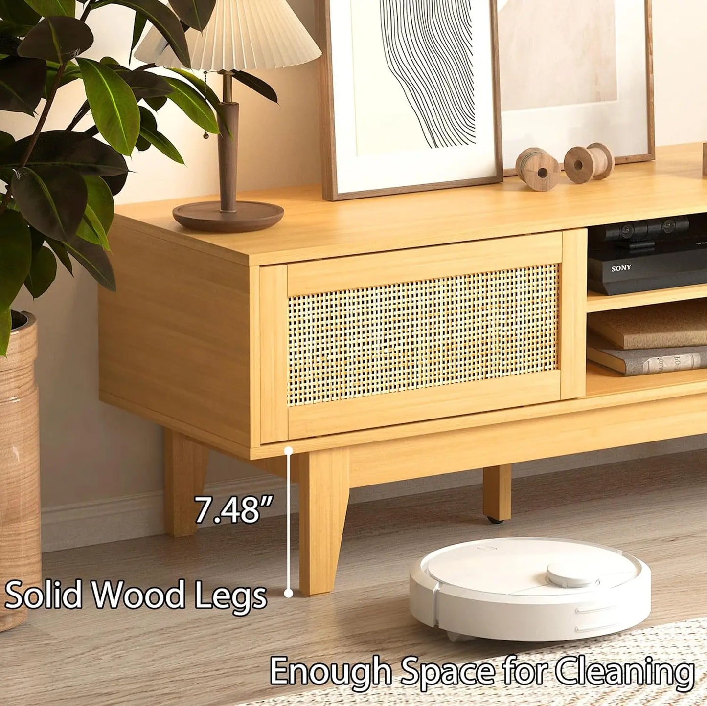 Boho TV Stand for 55 65 Inch TV, Rattan Entertainment Center with Shelves, Cabinets and Sliding Doors, TV Media Console Table