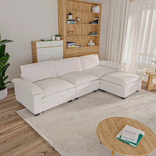 3 Seat Sectional Sofa, Couch with Movable Ottoman, Chenille Modular Sofa with Removable Pillows and Layer Cushions, Suitable fo