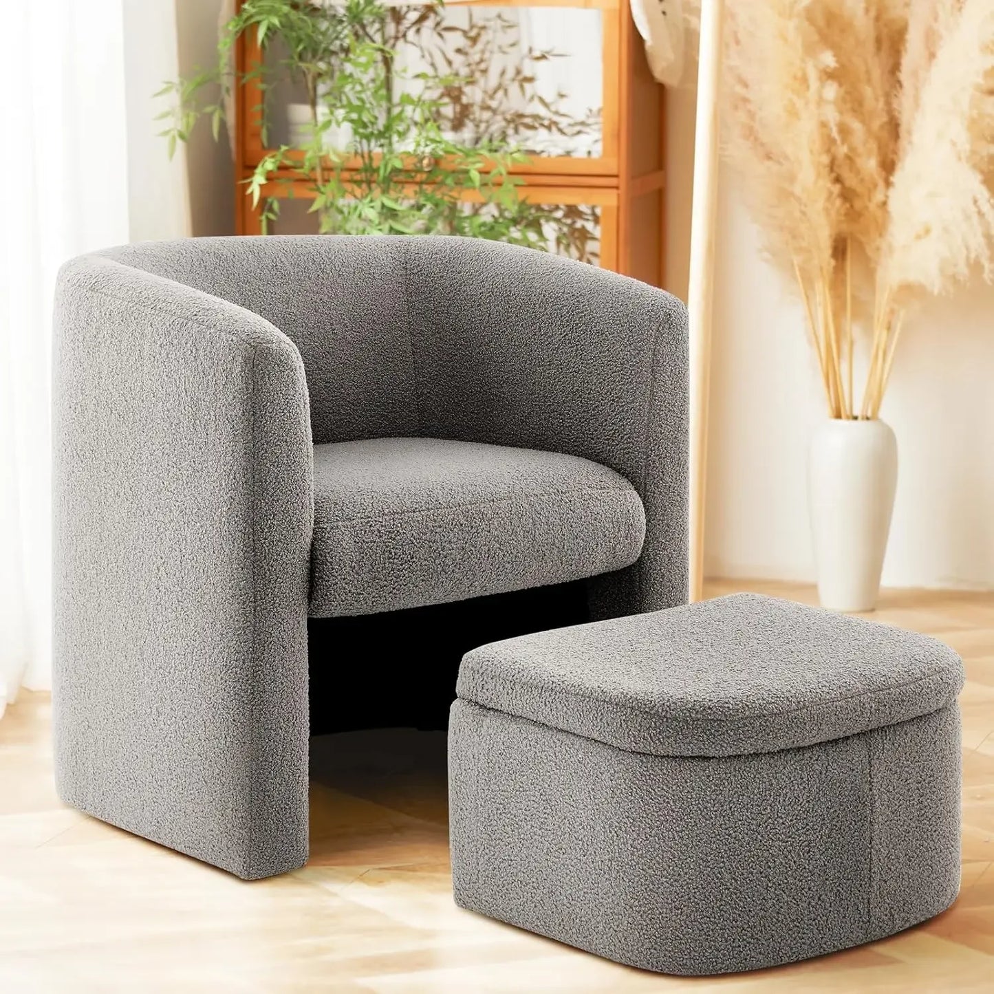 COLAMY Upholstered Sherpa Barrel Accent Chair with Storage Ottoman, Morden Living Room Side Chair, Single Sofa Armchair with Lou