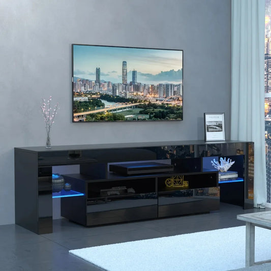 LED Light TV Stand for 55/60/65 inch TV, Modern Gloss Entertainment Center with Drawer and Glass Open Shelf, TV Console Table