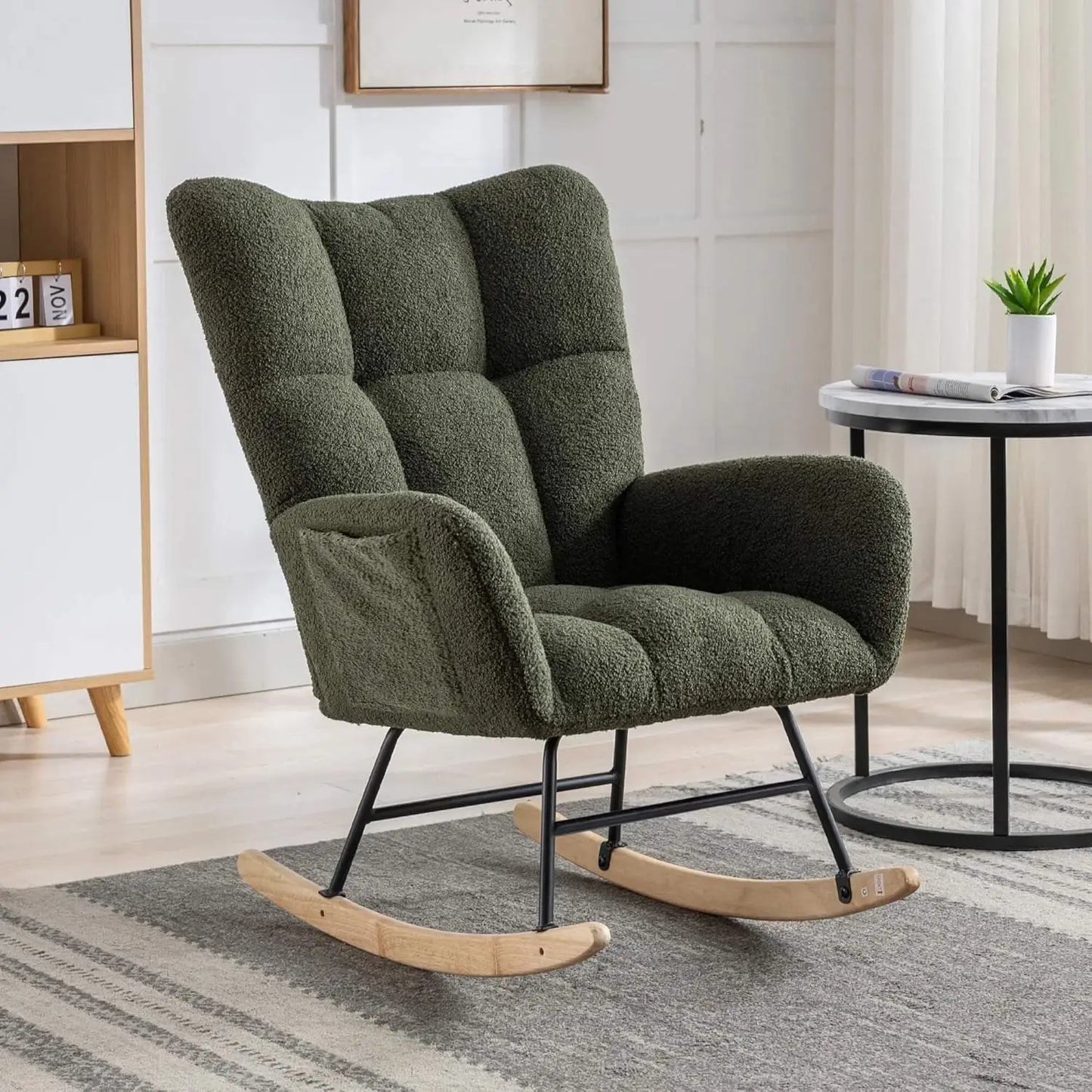 Nursery Rocking Chair Teddy Upholstered Glider Rocker Rocking Accent Chair with High Backrest Armchair Comfy Side Chair
