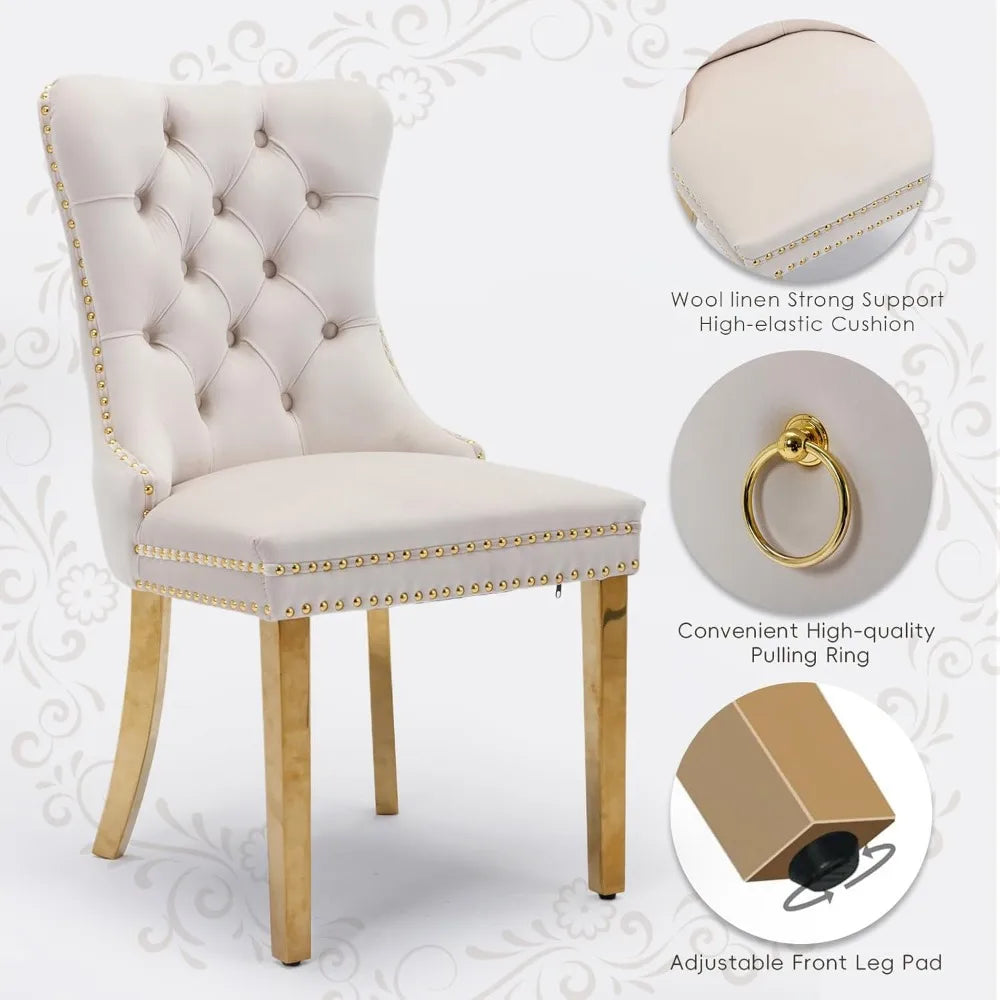 Velvet Upholstered Dining Chairs Set of 6, Nailhead Trim and Gold Plated Leg, Metal Pulling Ring, Modern Style Kitchen Chairs
