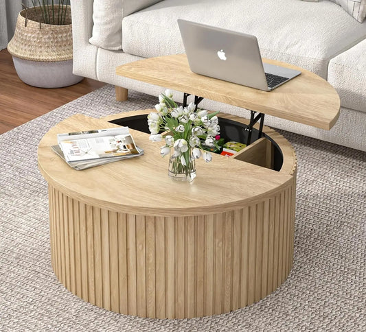 Round Fluted Lift Top Coffee Table with Storage, 34.6'' Farmhouse Round Coffee Tables (Wood Color)