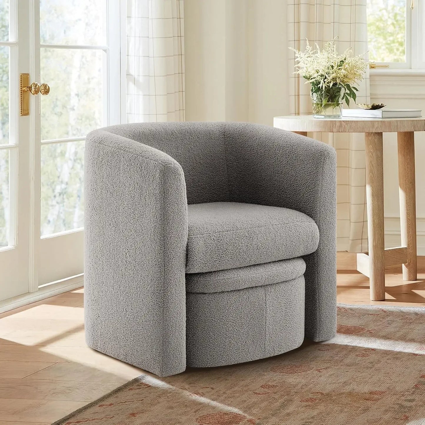 COLAMY Upholstered Sherpa Barrel Accent Chair with Storage Ottoman, Morden Living Room Side Chair, Single Sofa Armchair with Lou
