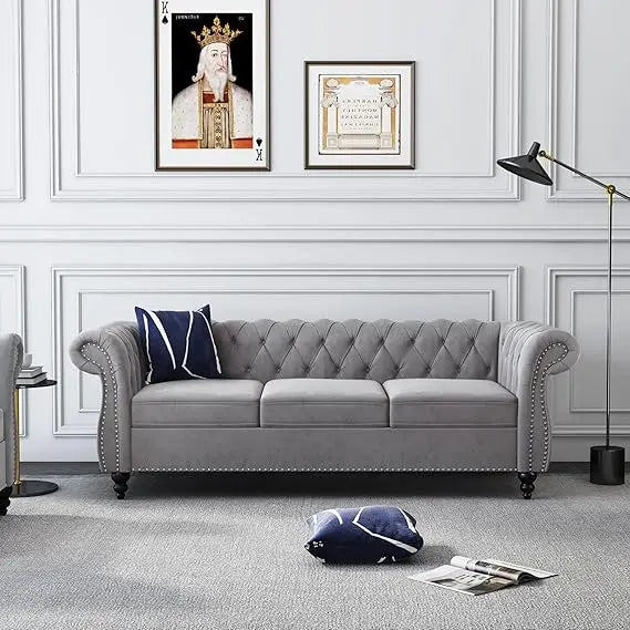 Chesterfield Sofa Velvet, Modern Tufted Couch 3 Seater with Rolled Arms and Nailhead for Living Room, Bedroom, Office, Apartment
