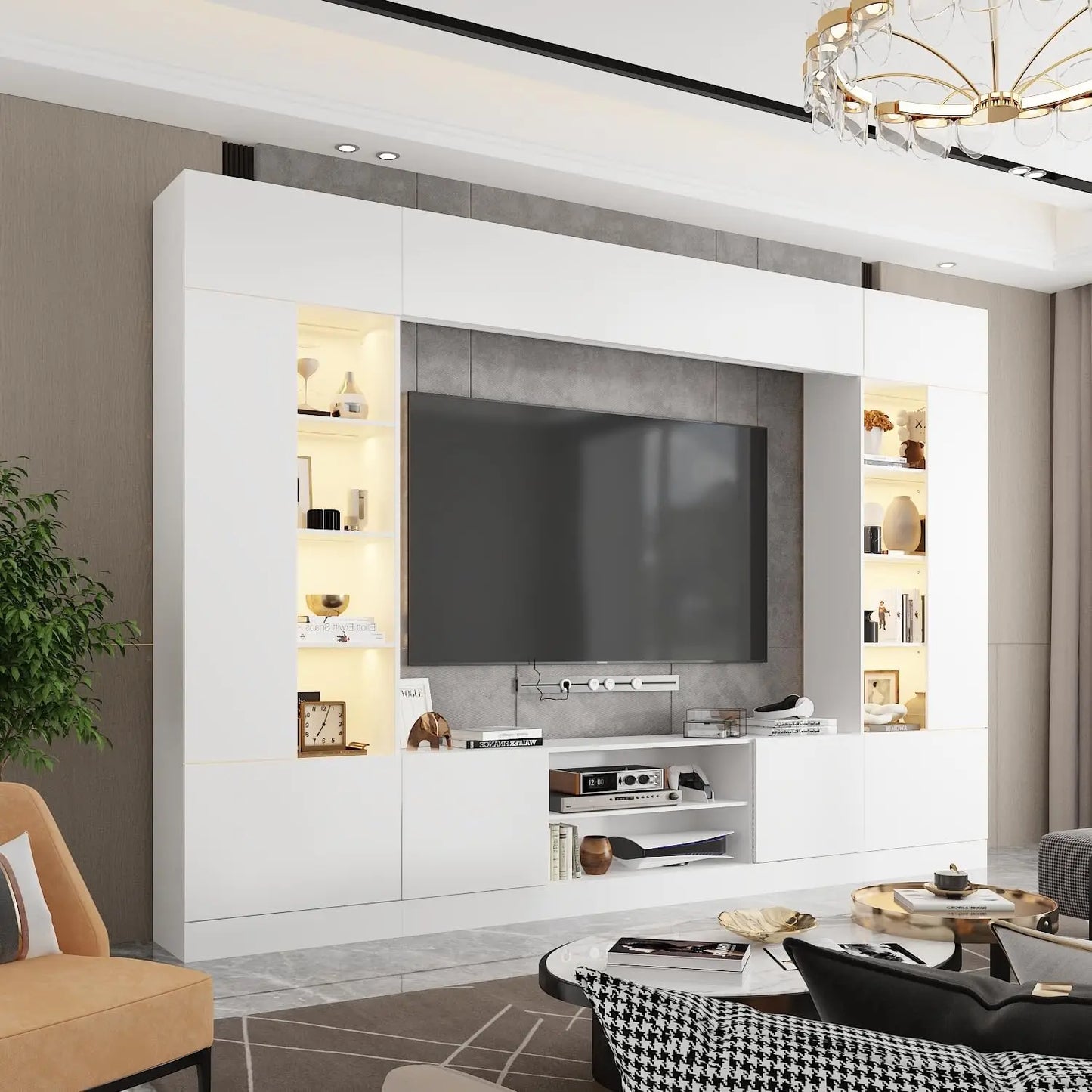 White 114" Large Wall Unit Entertainment Center with Bookshelves, Lights and 18 Shelves, Modern  Console Table  Home Theater