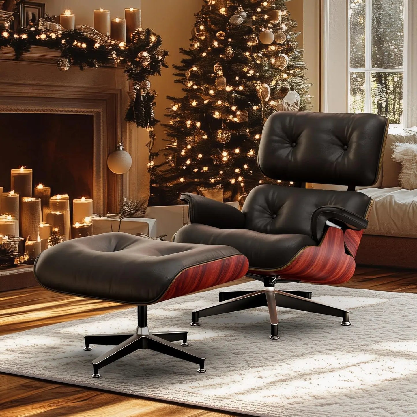 Black Grained Leather, Mid-century Lounge Chair and Footstool, Modern Chair Classic Design, Walnut, Heavy Base Support