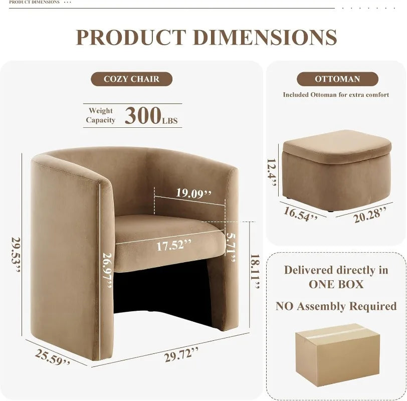 Upholstered Velvet Barrel Accent Chair with Storage Ottoman Set of 2 Morden Living Room Side Chair Single Sofa Armchair Khaki