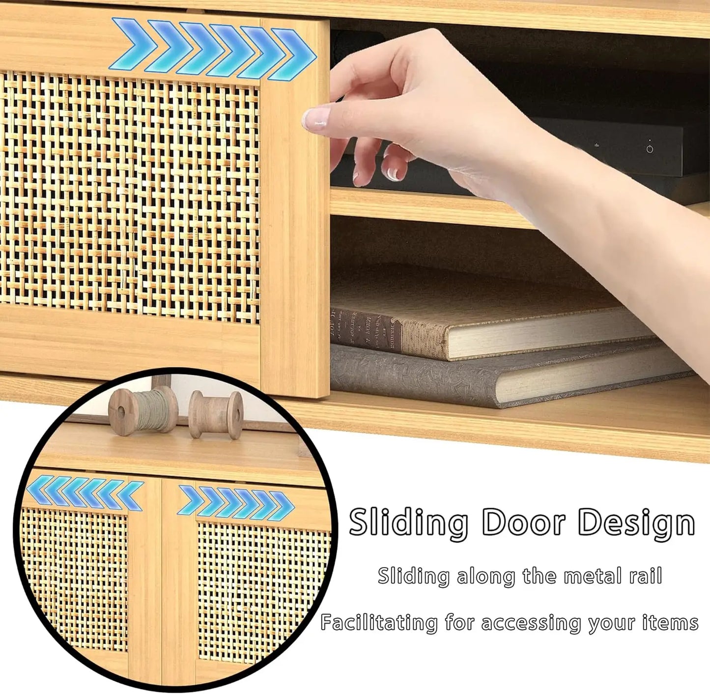 Boho TV Stand for 55 65 Inch TV, Rattan Entertainment Center with Shelves, Cabinets and Sliding Doors, TV Media Console Table