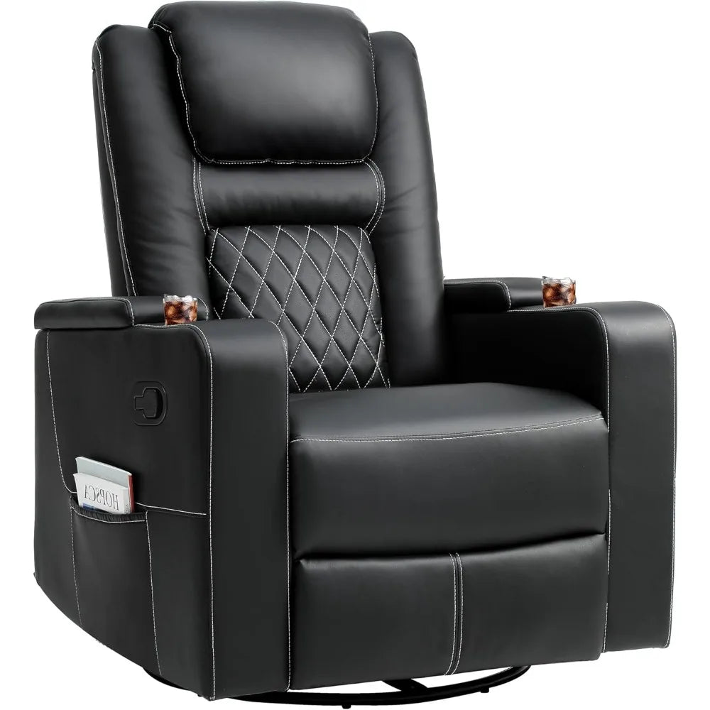 Swivel Rocking Recliner with Massage and Heat, Hidden Arm Storage, Faux Leather Rocker Recliner Chairs, Manual Recliner