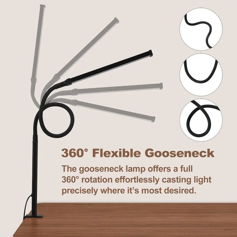 Led Desk Lamp for Home Office, Eye-Caring Desk Light with Clamp, Clip on Light for Reading, 3 Modes 10 Brightness, Flexible Goos