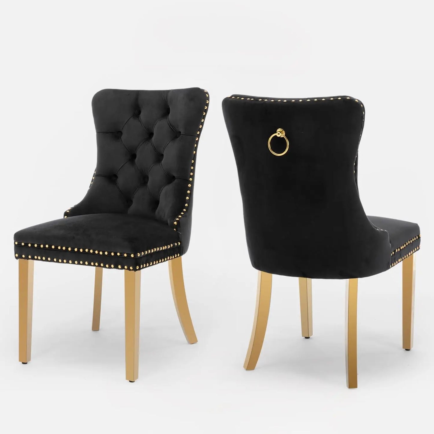 Velvet Upholstered Dining Chairs Set of 6, Nailhead Trim and Gold Plated Leg, Metal Pulling Ring, Modern Style Kitchen Chairs