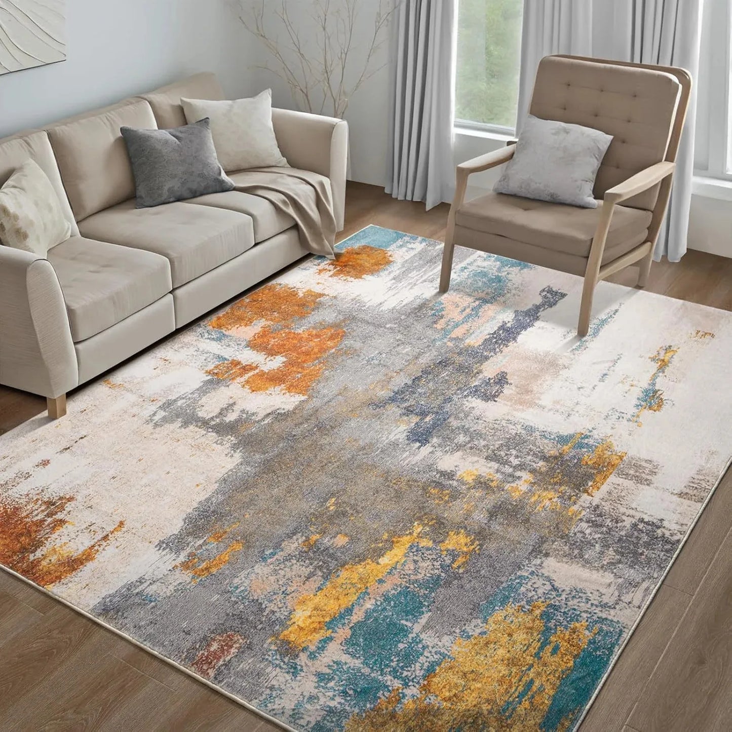 Area Rugs for Living Room, Machine Washable Vintage Rug, Non-Slip Low Pile Throw Rugs with Rubber Backing Washable Carpet