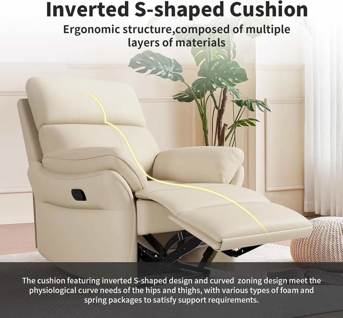 Genuine Leather Recliner Chair,Top-Grain Leather, Ergonomic Living Room Chair, High Back Theater Seating Single Reclining Sofa