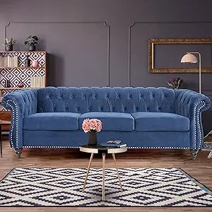 Chesterfield Sofa Velvet, Modern Tufted Couch 3 Seater with Rolled Arms and Nailhead for Living Room, Bedroom, Office, Apartment