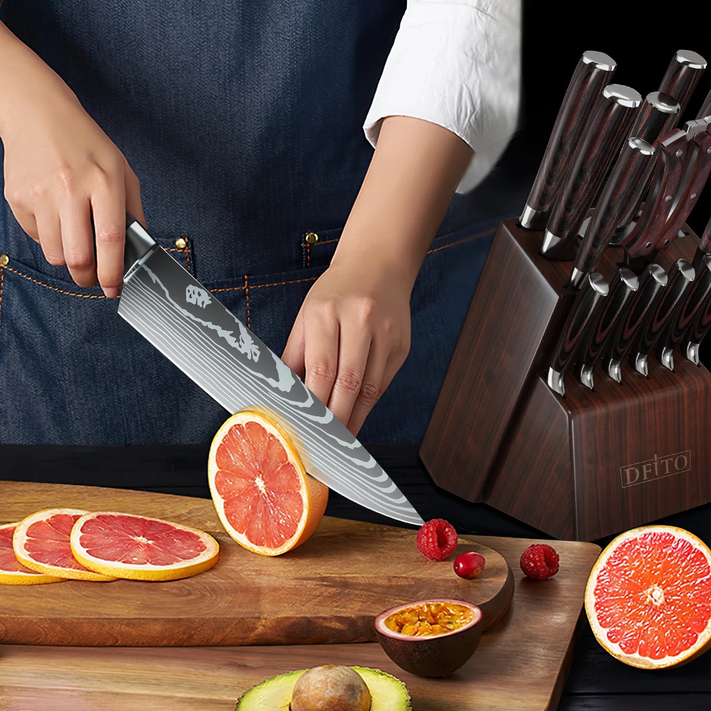 Knife Sets for Kitchen 14 Pieces with Knife Holder High Carbon Stainless Steel Damascus Pattern Sharp Chef Knife Set