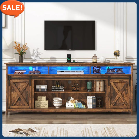 Farmhouse Stand for 90/85 Inch TVs, Rustic Entertainment Center Cabinet With Power Outlets, Brown
