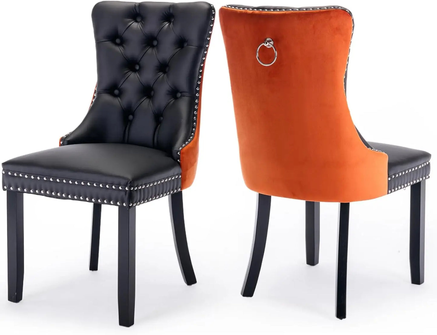 Velvet Upholstered Dining Chairs Set of 6, Nailhead Trim and Gold Plated Leg, Metal Pulling Ring, Modern Style Kitchen Chairs