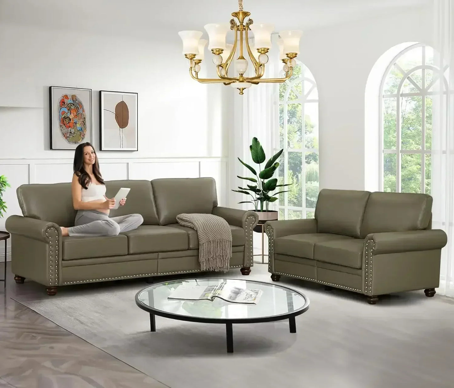 Upholstered PU Leather Sofa Couch Set,  Modern Loveseat Sofa+3 Seater Couch with Storage Space Furniture Set Living Room Sofas