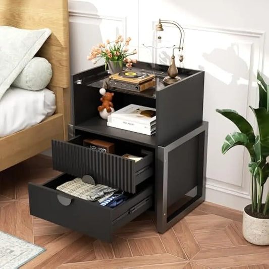 Fluted Nightstand with Strip Lights and Charging Station 24'' End Table with Charging Station Modern with 2 Drawers LED