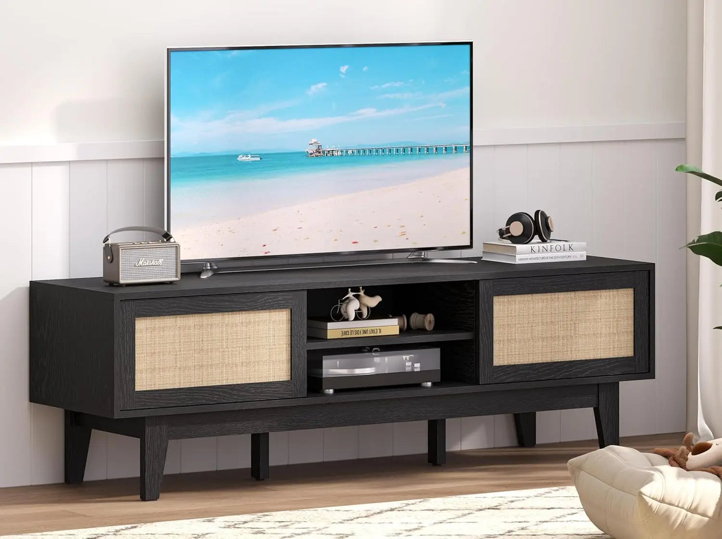 Boho TV Stand for 55 65 Inch TV, Rattan Entertainment Center with Shelves, Cabinets and Sliding Doors, TV Media Console Table