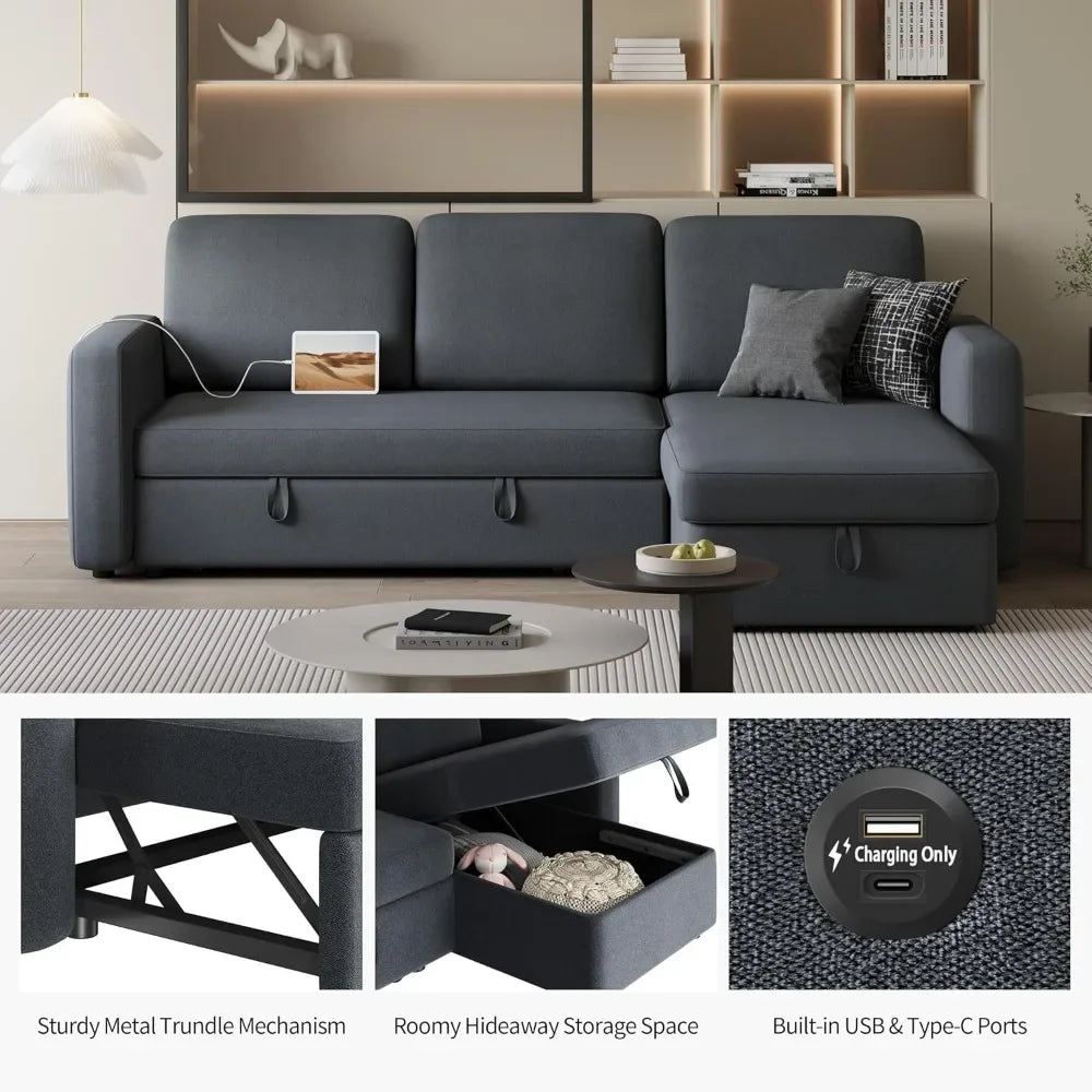 Sectional Sofa L-Shaped Sofa Couch Bed w/Chaise & USB, Reversible Couch Sleeper w/Pull Out Bed & Storage Space