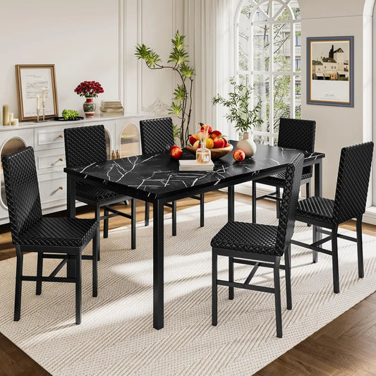 7 Piece Dining Table Set for 6,Large Modern Dinner Table Set for 6 Kitchen Dining Table and PU Leather Chairs Set of 6,Faux