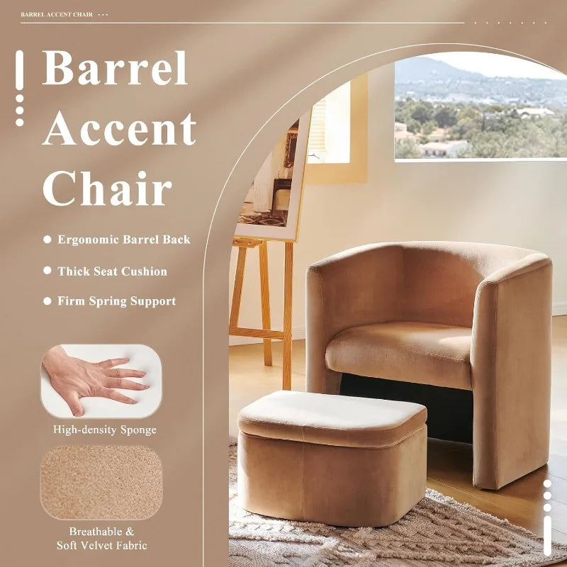 Upholstered Velvet Barrel Accent Chair with Storage Ottoman Set of 2 Morden Living Room Side Chair Single Sofa Armchair Khaki