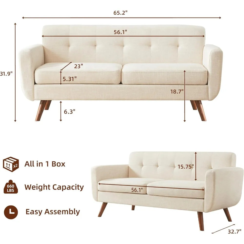 65" W Loveseat Sofa, Decor Love Seat Couches for Living Room, Button Tufted Upholstered Small Couch, Solid and Easy To Install