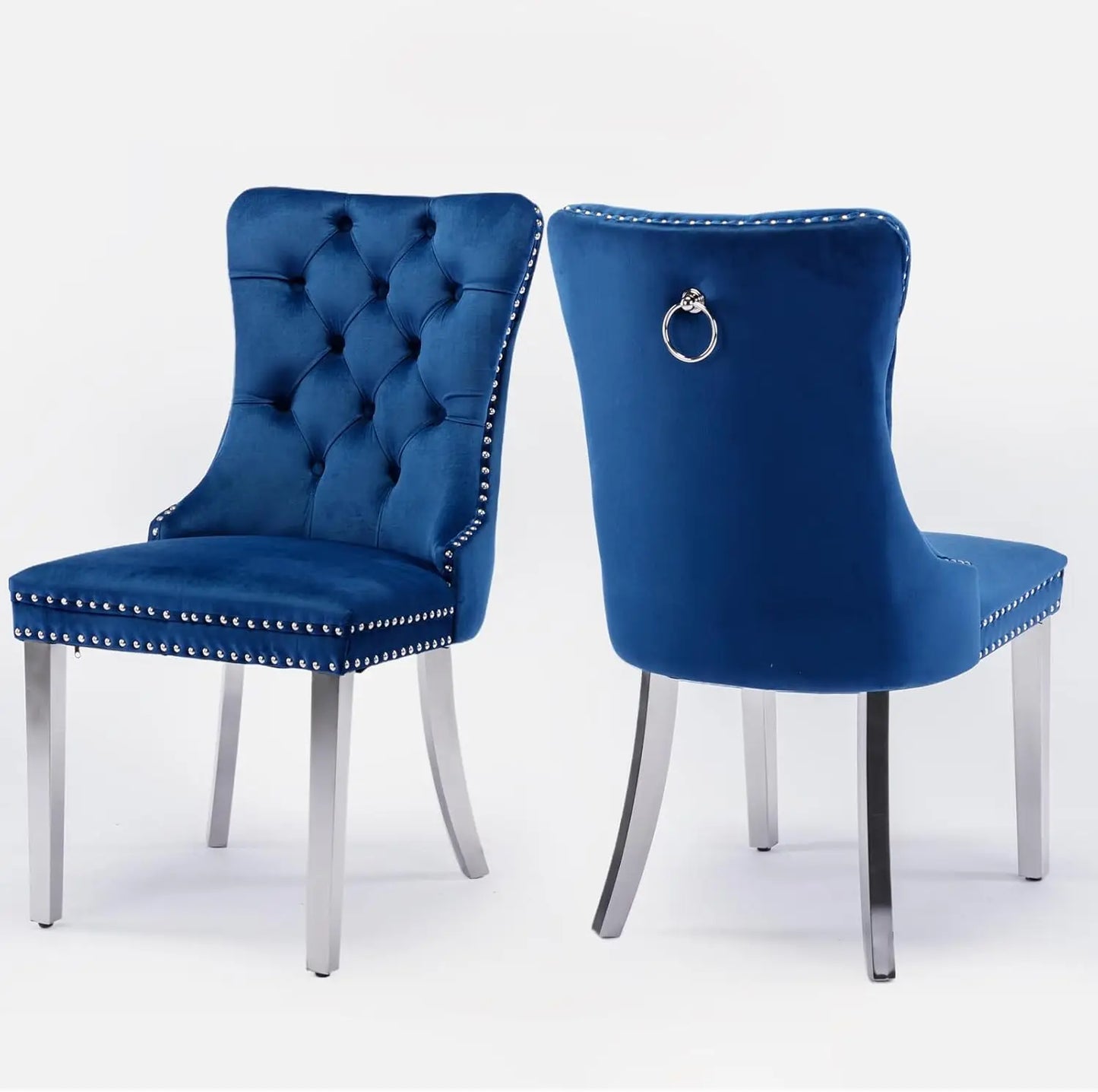 Velvet Upholstered Dining Chairs Set of 6, Nailhead Trim and Gold Plated Leg, Metal Pulling Ring, Modern Style Kitchen Chairs