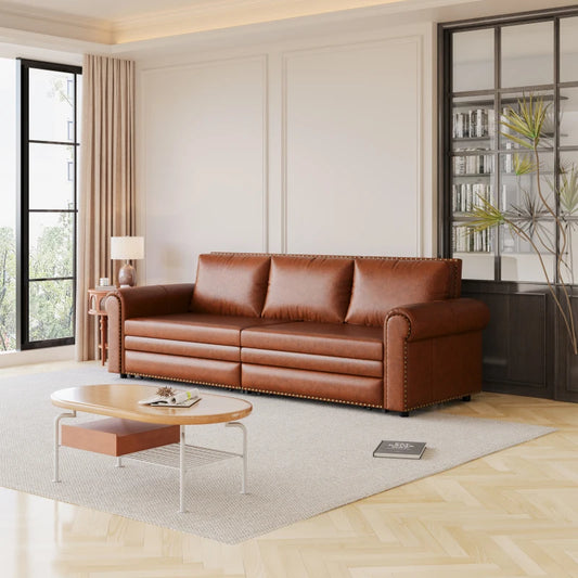 93.7 "king size pull-out sofa bed, three in one faux leather convertible sleeper sofa with nail head decoration and rolled arms