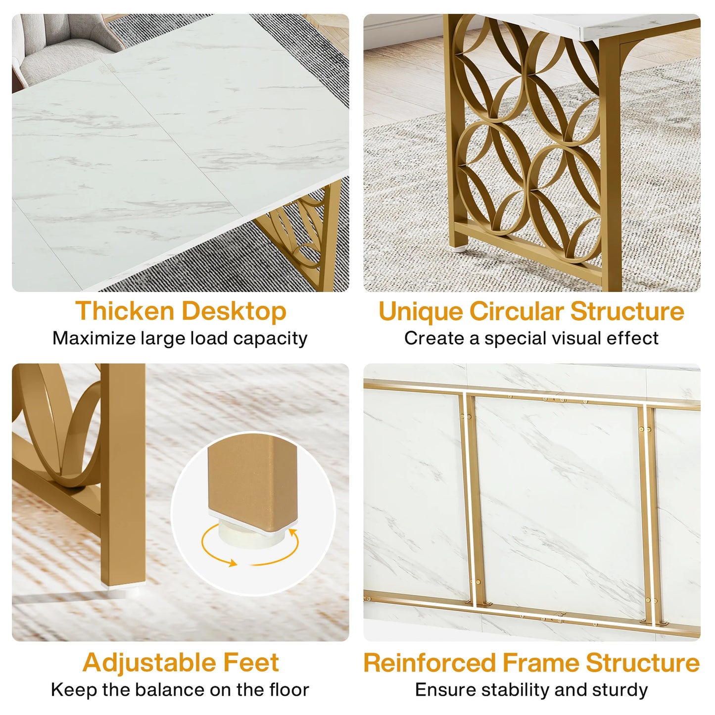 Tribesigns Dining Table, 63-inch Modern Marble Dining Room Table for 6 People, Rectangular Kitchen Table with Gold Metal Frame