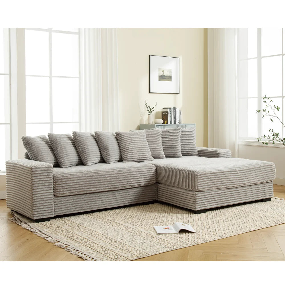 Oversized Two-Piece  Couches,  L Shaped Sofa, Corduroy, Left Chaise Daybed,with Armrests,Eight Throw Pillows,Corner Sofa