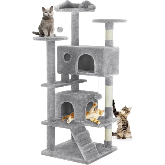 DUMOS 54-inch Indoor Cat Tree Tower –Multi-Level Pet House for Large Cats with 2 Condos, Scratching Posts, Round Platform, Small