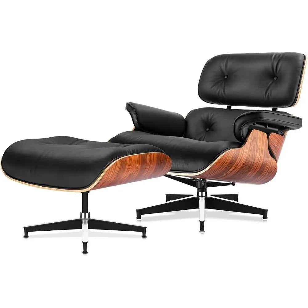 Black Grained Leather, Mid-century Lounge Chair and Footstool, Modern Chair Classic Design, Walnut, Heavy Base Support
