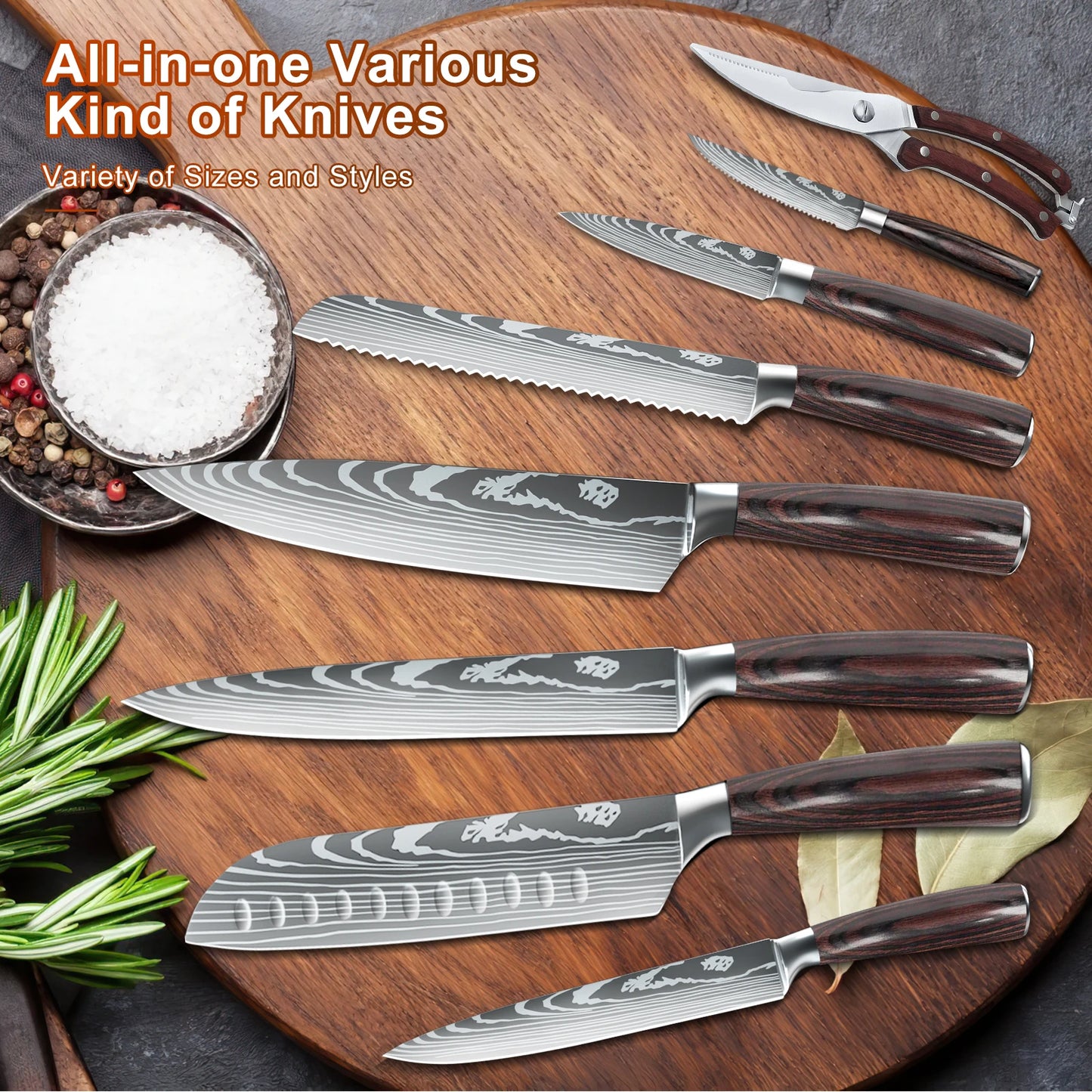 Knife Sets for Kitchen 14 Pieces with Knife Holder High Carbon Stainless Steel Damascus Pattern Sharp Chef Knife Set
