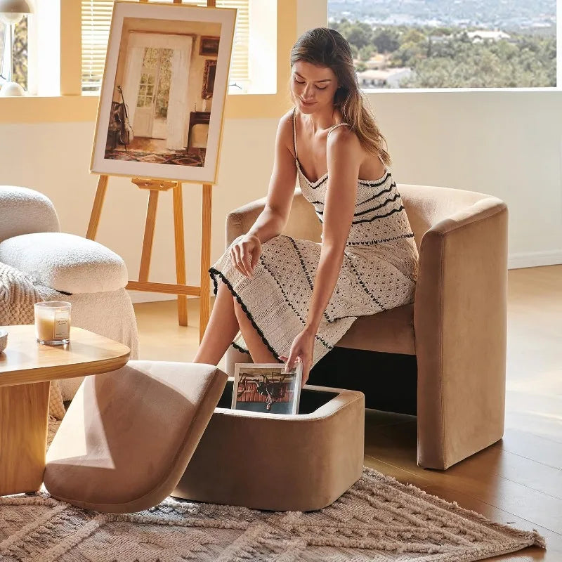 Upholstered Velvet Barrel Accent Chair with Storage Ottoman Set of 2 Morden Living Room Side Chair Single Sofa Armchair Khaki