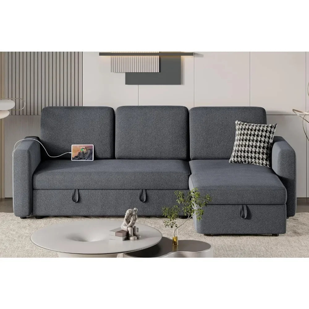 Sectional Sofa L-Shaped Sofa Couch Bed w/Chaise & USB, Reversible Couch Sleeper w/Pull Out Bed & Storage Space