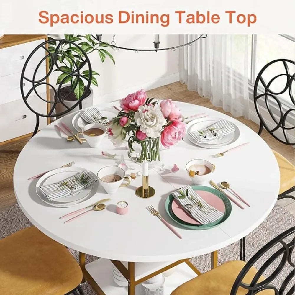 47 Inches Dining Table Kitchen Tables for Dining Room, 4 People Round Dinner Table with Storage Shelves for Room, (Only Table)