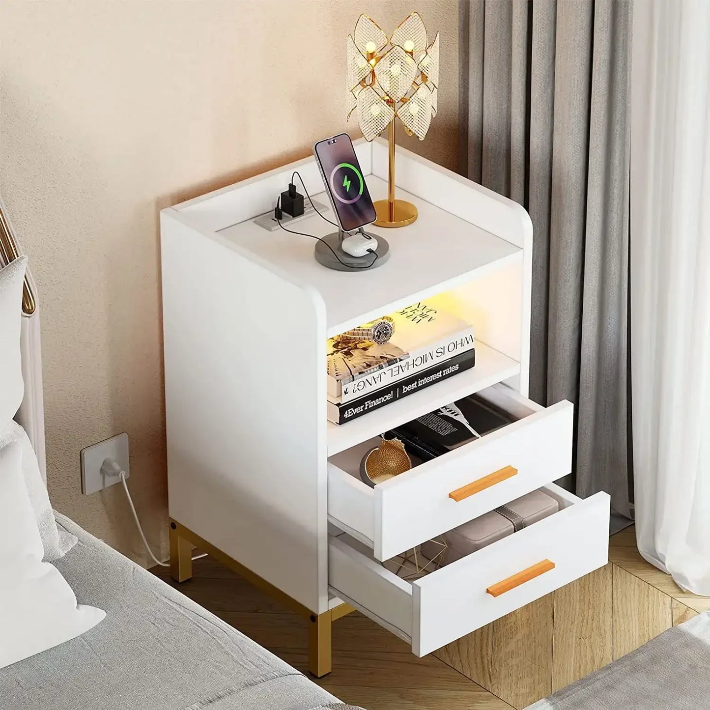 White Night Stand with LED Lights and Charging Station, End Bedside Table with 2 Drawers, Open Storage, USB Ports and Outlets