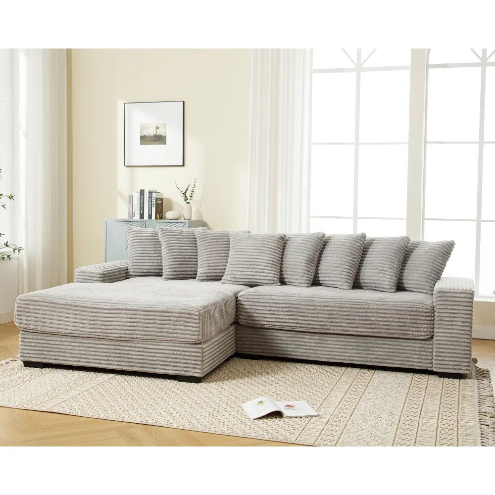 Oversized Two-Piece  Couches,  L Shaped Sofa, Corduroy, Left Chaise Daybed,with Armrests,Eight Throw Pillows,Corner Sofa