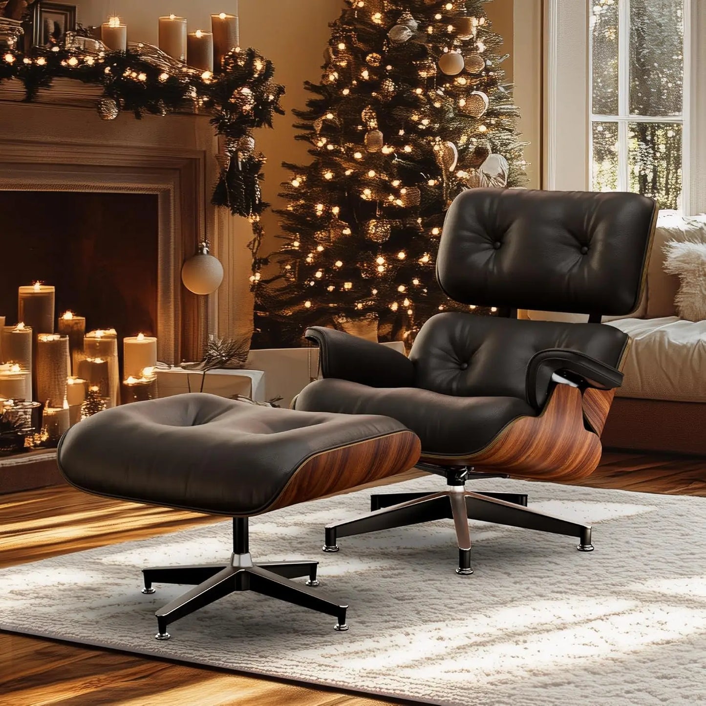 Black Grained Leather, Mid-century Lounge Chair and Footstool, Modern Chair Classic Design, Walnut, Heavy Base Support