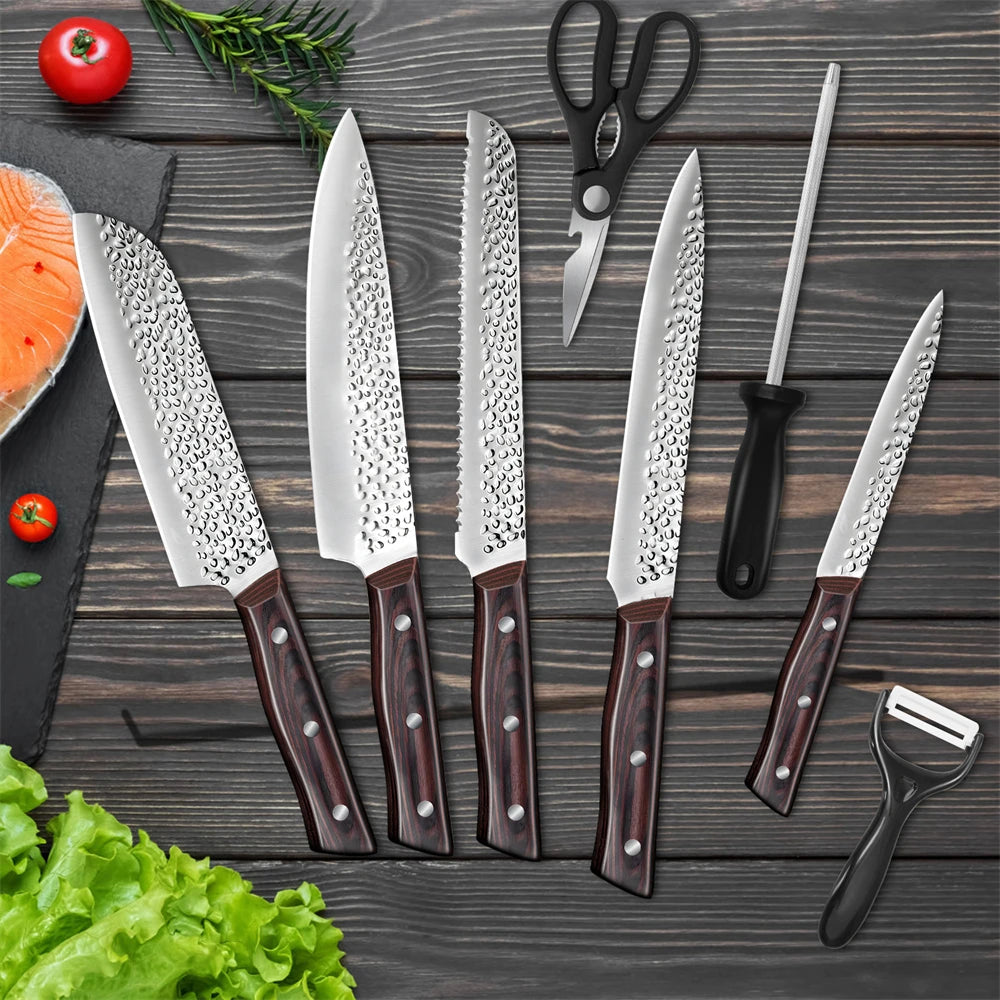 8pcs Chef Knife Kitchen Knives Set Hammer Pattern Sharp Cutting Blade Meat Salmon Slicing Knives Santoku Knives Cooking Tools