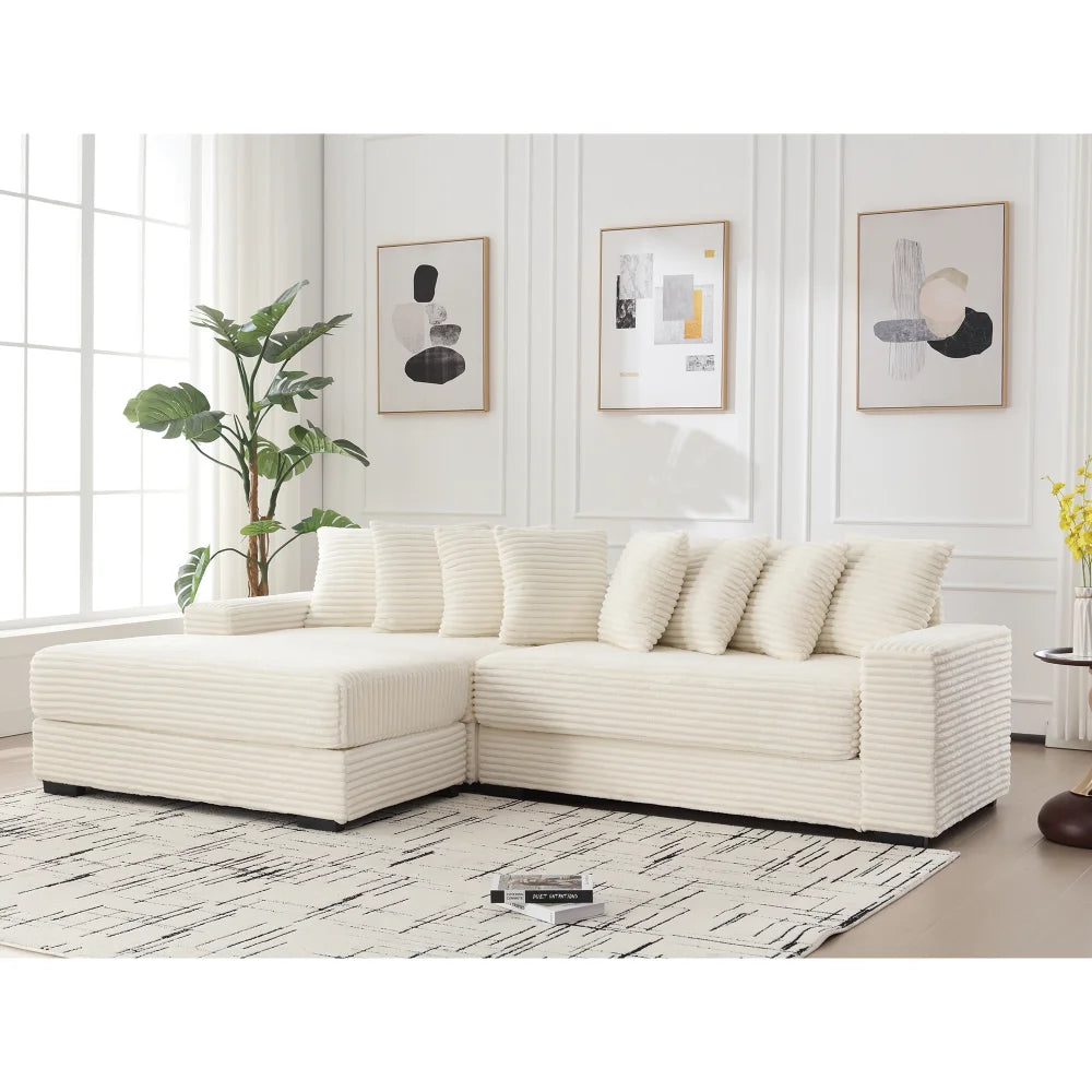 Oversized Two-Piece  Couches,  L Shaped Sofa, Corduroy, Left Chaise Daybed,with Armrests,Eight Throw Pillows,Corner Sofa