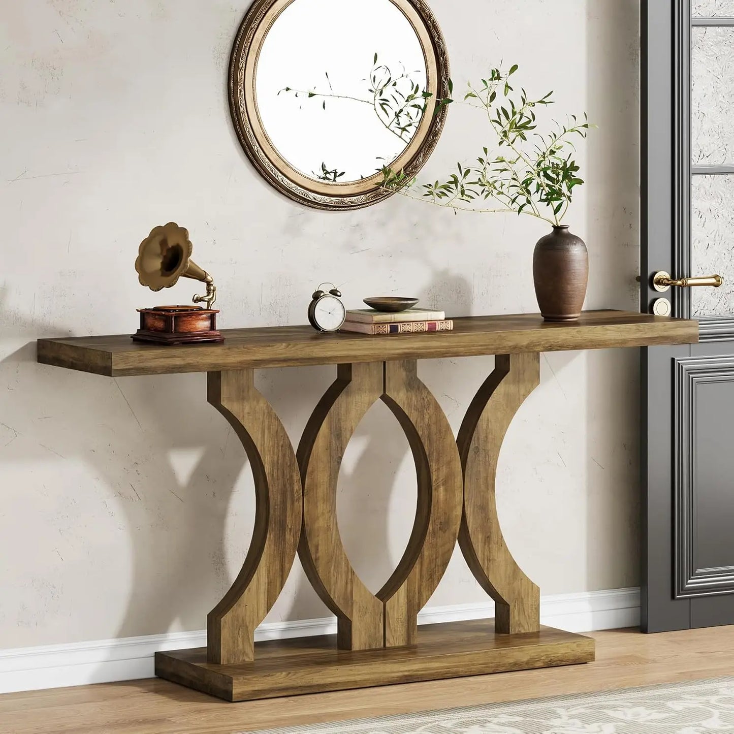 55 Inches Mirrored Console Table,  Entryway Table with Geometric Base,  Modern Sofa Table Behind Couch for Living Room